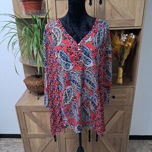Notations Paisley Floral Tunic 3/4 Sleeve Relaxed Fit V-Neck Boho Lightweight